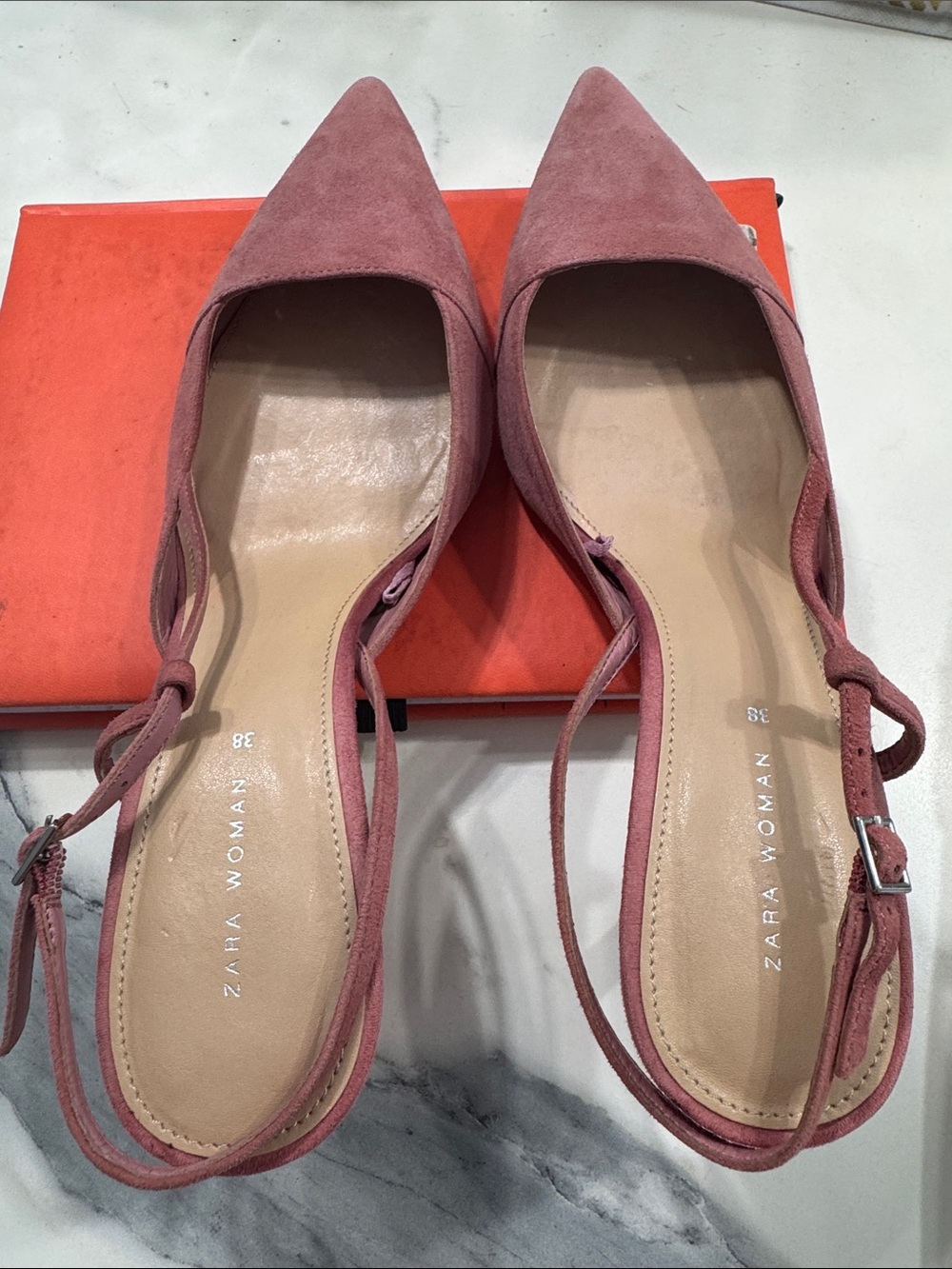 Zara French Style Women’s Dusty Rose Suede Pointed-Toe Slingback Heels - Picture 5 of 8